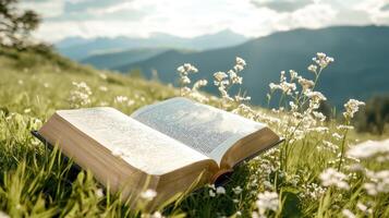 Book lying open on verdant grass, wildflower dotted mountain meadow bathed soft sunlight, peaceful natural reading scene photo