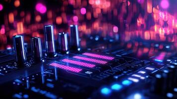 Complex golden data streams are flowing and processing on board, creating a stunning visualization of technological advancement Digital sound, wave, audio, equalizer, music, with copy space photo