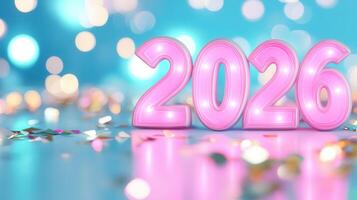 Purple textured numbers 2026 stand on reflective surface golden confetti and bokeh lights, celebrating new year's anticipation photo