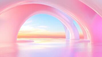 Creating a surreal and futuristic atmosphere, pink arches form an abstract room filled with vibrant colors and smooth, glossy surfaces photo