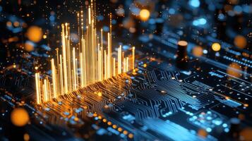 Complex golden data streams are flowing and processing on board, creating technological stunning visualization of a advancement Digital sound, wave, audio, equalizer, music, with copy space photo