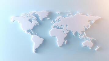Embossed white world map rendering floating on light blue wavy highlighting surface, global geographic contours with contemporary design aesthetic photo