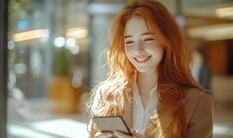 Professional redhead smiling, working on mobile smartphone workspace, contemporary in embodying corporate communication and productivity photo