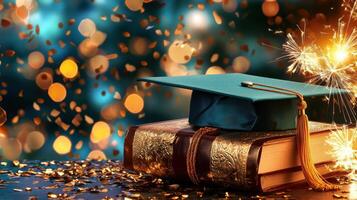 Academic achievement symbolized graduation cap resting on textbook, scattered autumn leaves signaling educational journey's end photo