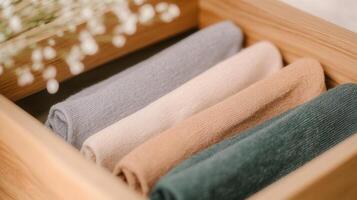 approach folded sweaters are neatly arranged in a wooden drawer, to a tidy and organized clothing showcasing Colorful storage photo