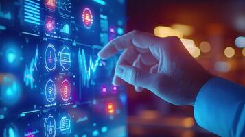 charts interacting with futuristic holographic interface, manipulating Businessman and data with hand gestures, in a modern office environment, illuminated with ambient light photo