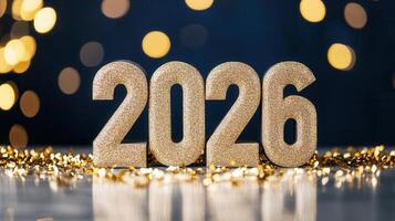 Glittering 2026 sign reflecting golden confetti on glossy surface, festive soft bokeh background highlighting blue new year celebration mood photo