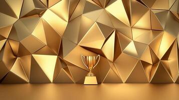 Golden trophy placed on a golden surface with an abstract polygonal background, celebrating success and achievement photo