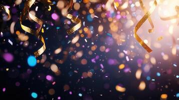 Sparkling golden confetti raining down, ribbons swirling against blurred festive joyful celebrating backdrop, moment photo
