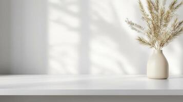 White flower bouquet casting soft shadows elegant white wall, illuminated by window light, on backdrop for minimalist design concepts photo