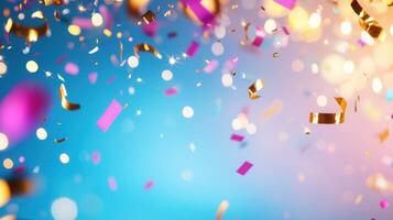 Colorful balloons floating amidst creating confetti against a blurred, vibrant background, falling a celebratory atmosphere photo