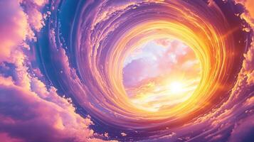 Mesmerizing wormhole effect created by swirling in a clouds vibrant sunset sky evokes mystery and wonder photo