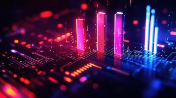 Complex wave, data streams are flowing and processing on board, creating a stunning visualization of technological advancement Digital sound, golden audio, equalizer, music, with copy space photo