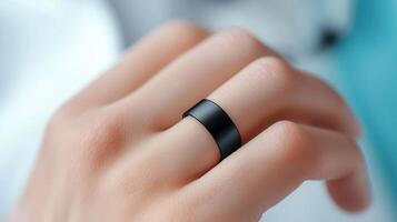 Close up technology a hand wearing a sleek, black smart of showcasing the integration of ring, into everyday accessories photo