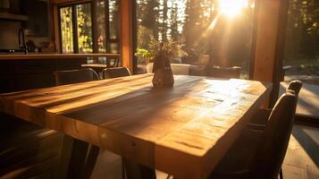Sunlight streaming across sleek wooden dining table, highlighting minimalist inviting design with warm, kitchen ambiance photo