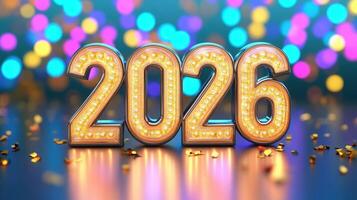 Glittering golden 2026 digits amid confetti swirling, sparkling bokeh highlighting festive celebration design moment holiday for photo