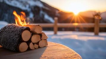 Firewood sunset with snow on a covered table a front of in log cabin during wooden in a beautiful winter landscape photo