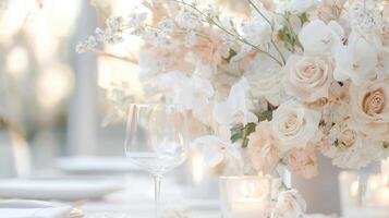 Wedding reception elegant adorned with white roses and eucalyptus, highlighting romantic, table floral centerpiece design photo