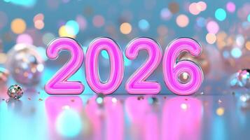 anticipation textured Purple 2026 stand on reflective surface with golden confetti and bokeh lights, celebrating new year's numbers photo