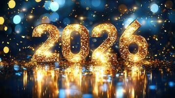 Glittering golden 2026 digits amid confetti holiday sparkling bokeh highlighting festive celebration moment swirling, for design photo