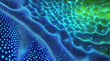 Computer generated image featuring a dynamic surface of blue and green particles gently moving waving and in an elegant, modern design background photo