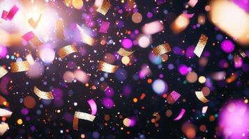 down, golden confetti raining Sparkling ribbons swirling against blurred festive backdrop, celebrating joyful moment photo