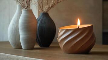 Glowing candlelight illuminating ceramic vessel, nestled among modern vases and dried botanical arrangements on rustic wooden surface photo