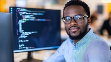 Portrait of a young, focused african american programmer working on source code using a computer in a modern office environment, and expertise showcasing dedication in the tech industry photo