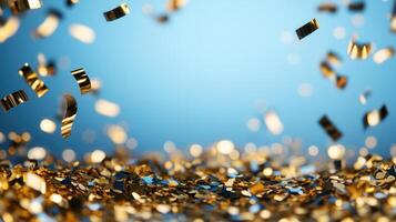 Sparkling golden cascading confetti over luminous azure background, symbolizing celebration and festive energy photo