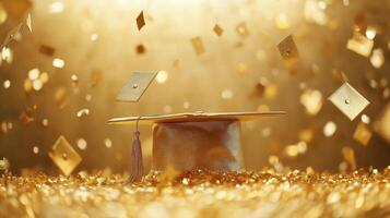 Graduation cap draped golden light, confetti falling, symbolizing academic accomplishment and scholarly success photo