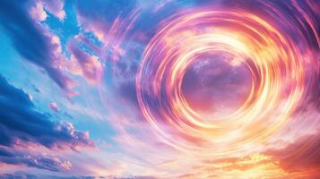 Mesmerizing a effect created by swirling clouds wormhole in vibrant sunset sky evokes mystery and wonder photo
