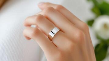 Woman wearing a smart ring, a connectivity technology device, showcasing its sleek design and potential for wearable photo