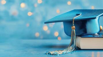 Graduation cap perched atop open textbook, symbolizing educational milestone and scholarly photo