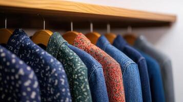display, jackets hanging on wooden hangers, variety displaying of colors and patterns in retail clothing Denim representing contemporary fashion style photo
