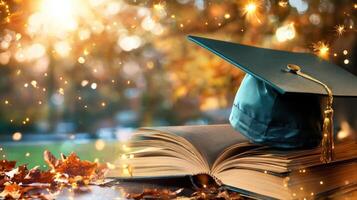 Academic achievement symbolized by graduation cap resting on textbook, scattered leaves signaling educational journey's end photo