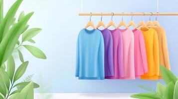 hanging Variety colorful sweaters of on wooden hangers near a tropical leaf on a turquoise background, representing fashion and style photo