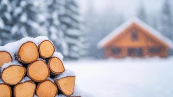 Firewood a with snow on a of table in front in covered log cabin during sunset wooden a beautiful winter landscape photo