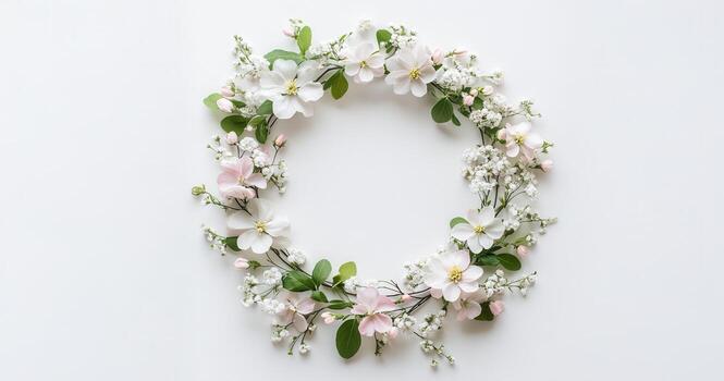 Delicate spring flowers and leaves arranged in a perfect circle pristine white backdrop, creating a minimalist and elegant wreath design photo