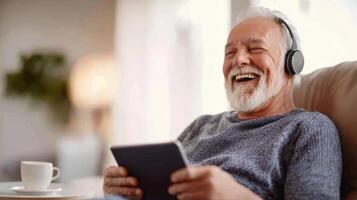 Cheerful retired senior man with a white beard sitting on a sofa, laughing while using a digital tablet and enjoying coffee during his at time leisure home of background music photo