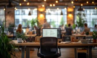 Minimalist office featuring coding screen, blurred programmers collaborating in contemporary open plan workspace environment photo