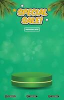 special discount sale banner with 3d podium with green abstract gradient background vector