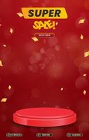 super sale discount portait template banner with blank space 3d podium for social media post product sale with abstract gradient red background design vector