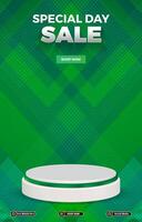 special sale banner with 3d podium with green abstract gradient background vector