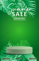 summer discount sale template with 3d podium with green abstract gradient background vector