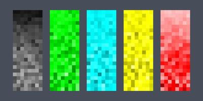 Set of five vertical pixelated color gradients in black, green, blue, yellow, and red on a dark background. Perfect for digital art, UI design, and modern visual effects. vector