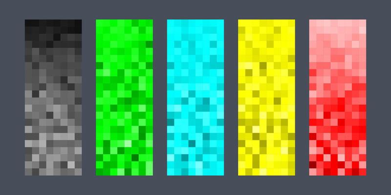Set of five vertical pixelated color gradients in black, green, blue, yellow, and red on a dark background. Perfect for digital art, UI design, and modern visual effects.