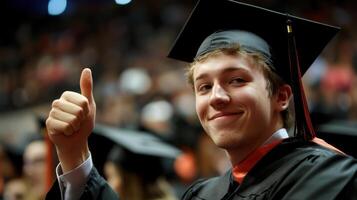 Young man wearing graduation gown and cap smiling and gesturing thumbs up during graduation ceremony photo