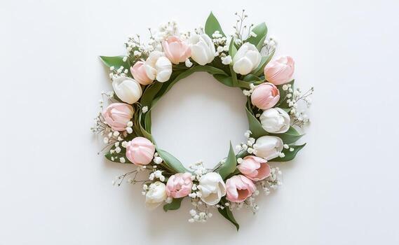 Delicate spring flowers and leaves arranged in a perfect circle on a pristine white backdrop, creating minimalist and elegant wreath design photo