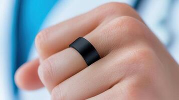 Close a of up hand wearing a sleek, black smart ring, showcasing the integration of technology into everyday accessories photo