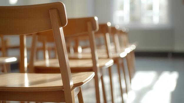 Sunlight is streaming chairs an empty classroom, illuminating rows of wooden into and creating a peaceful atmosphere photo